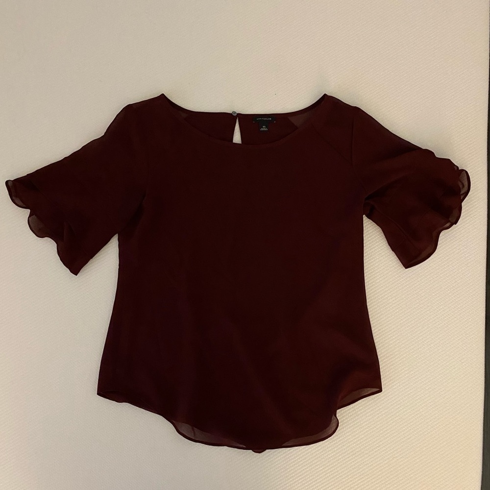 Burgundy ruffle sleeve dress shirt Ann Taylor